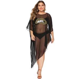 Plus size sheer mesh beach cover-up featuring leopard lips print and irregular hemline