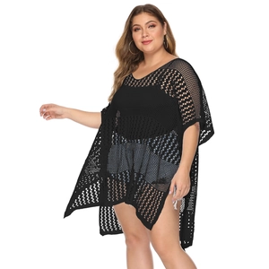 Plus size black hollow out knit beach cover up with V-neck and loose split design