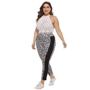 Women's white crochet halter top with fringe and leopard print leggings set