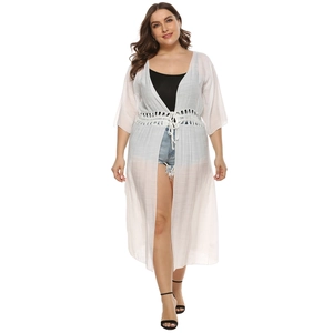 White semi-sheer plus size long beach cover-up with drawstring waist and lace details