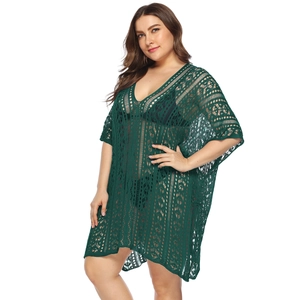 Women's dark green crochet lace V-neck beach cover-up with hollow geometric patterns