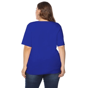 Back view of plus size royal blue short sleeve T-shirt with hollow lace details