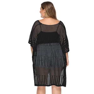 Detail of black crochet hollow-out knit beach cover-up with textured batwing sleeves on back