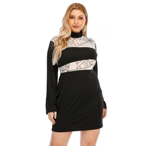 Close-up of mock neck long sleeve dress with white spider web patchwork pattern