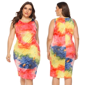 Women Plus Size Tie Dye Sleeveless Dress Round Neck Bodycon Multicolor Summer Casual Party Midi Tank Dress