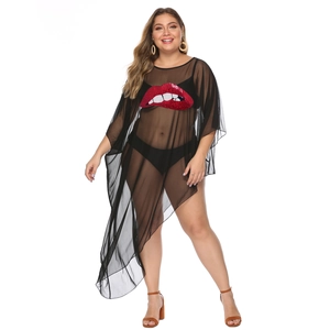 Plus size sheer mesh black beach cover-up with red sequin lip detail and irregular hem
