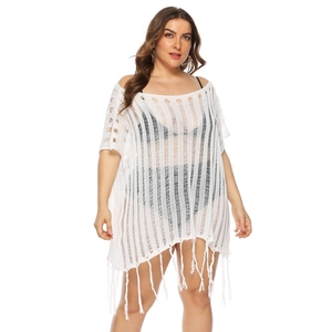 Plus size white crochet beach cover-up with off-shoulder neckline and long tassels