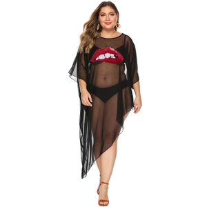 Plus size black sheer mesh beach cover up with oversized sequined lips and irregular hem