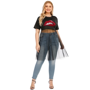 Detail of plus size black T-shirt with lip sequin embroidery and sheer mesh hem