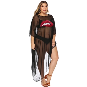 Plus size black mesh beach cover-up with red sequin lip patches and asymmetrical hemline
