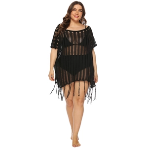 Women's plus size black hollow crochet beach cover-up with tassel trim and mesh texture