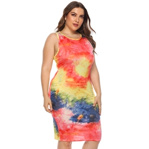 Close-up of slim fit sleeveless plus size dress with vibrant rainbow tie-dye pattern