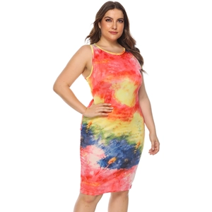 Close-up of vibrant tie-dye pattern on a sleeveless plus size bodycon dress