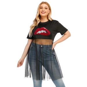 Plus size black T-shirt with sequined red lips and long sheer mesh patchwork overlay