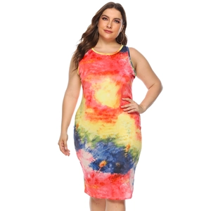 Detail of colorful tie-dye sleeveless plus size dress with slim fit and round neckline