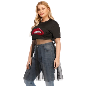 Close-up of women's black T-shirt featuring sequin lip embroidery and mesh patchwork