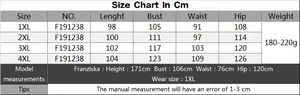 Detailed size chart for plus size slim fit dress with measurements in centimeters