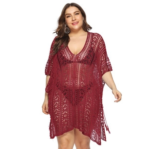 Plus size wine red hollow V-neck beach cover up with crochet pattern and fringe hem