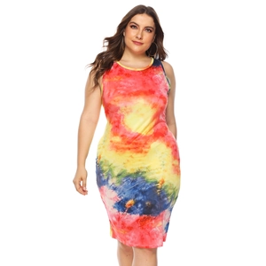 Close-up of vibrant multi-color tie-dye print on a plus size sleeveless bodycon dress