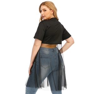 Plus size black T-shirt featuring long sheer mesh splicing and a high collar design