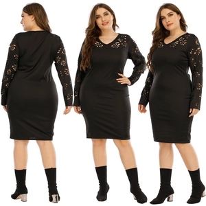 Robe Grandes Tailles Femme Manches Longues Col en V Ajouré Fleurs Dévoré Moulant Longueur Genou Coupe Ajustée Noir Robe de Soirée
