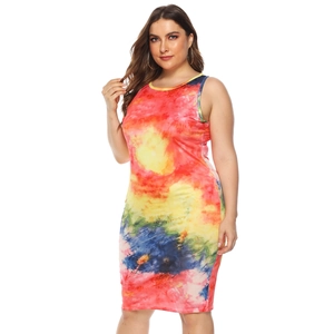 Close-up of vibrant multi-color tie-dye pattern on a slim-fit sleeveless midi dress