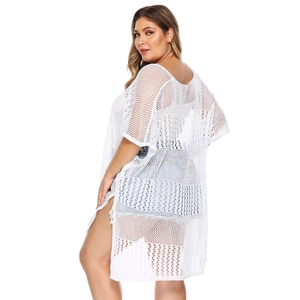 Plus size white crochet mesh beach cover-up with V-neck and high side slits
