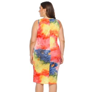 Plus size sleeveless midi dress with vibrant multi-color tie-dye print for summer fashion