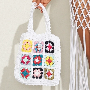 Sac Cabas pour Femmes Crocheté à la Main Carré Granny Bohème Ethnique Patchwork Multicolore Sac à Main Avec Künstliche Perles Accessoire de Vacances