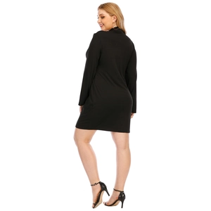 Slim fit black long sleeve turtleneck dress for women shown from the back view