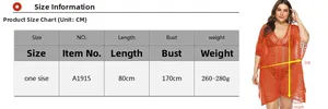Size chart showing 80cm length and 170cm bust for the orange hollow beach cover up