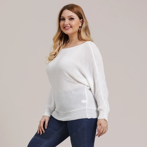 Detailed texture of white knit sweater with dropped shoulders and ribbed crew neck finish