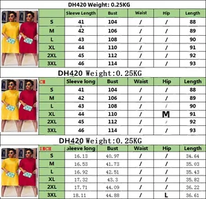 Size chart for model DH420 loose fit dress showing dimensions from S to 3XL for women