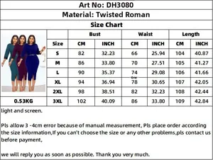 Size chart for slim stretch dress DH3080 with measurements from S to 3XL in cm and inch