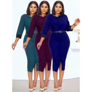 Close-up of slim-fit midi dresses featuring button accents, matching belts, and side slits