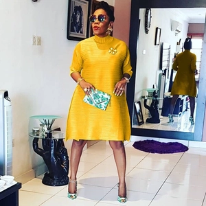 Women's Elegant Pleated A-Line Midi Dress Mock Neck Three Quarter Sleeve Solid Color Plus Size African Style Casual Party Dress