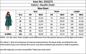 Detailed size chart for V-neck off-shoulder evening dress with measurements from S to 3XL