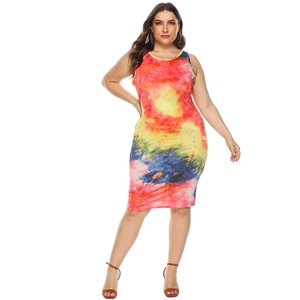 Plus size sleeveless bodycon mini dress featuring vibrant colorful tie-dye patterns