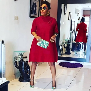 Elegant red pleated A-line dress with high collar and mid sleeves for women's fashion