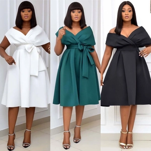 Detailed comparison of V-neck off-shoulder A-line dresses in white, green, and black colors