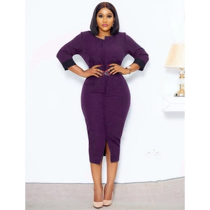 Elegant purple bodycon dress with black trim buttons and belted waist for women