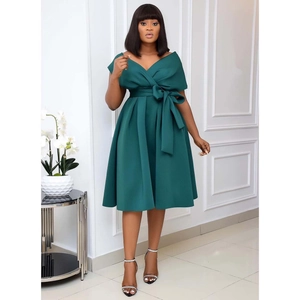 Elegant off-shoulder V-neck A-line midi dress in dark green with large waist bow