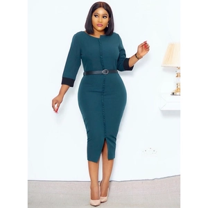 Slim fit dark teal midi dress with buttons, front slit and black contrast cuffs