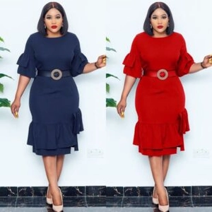 Detail of elegant V-neck dress with double ruffled cuffs and matching belted waist design