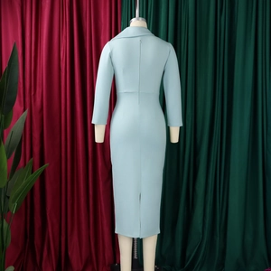 Vue arrière d'une robe crayon bleu menthe à col en V avec fente et fermeture invisible