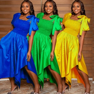 Three vibrant solid-color dresses with bows, ruched tops, and high-low hems for women