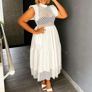 Robe Midi Élégante pour Femmes avec Patchwork en Maille Ajourée Sans Manches Col Rond Jupe à Étages Vacances Été Plage
