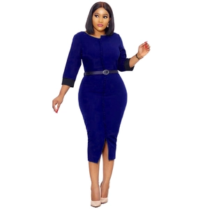 Detailed front view of navy slim midi dress with button row and waist belt accessory