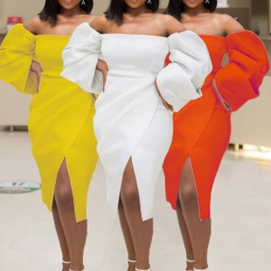 Detailed comparison of off-shoulder puff sleeve dresses in yellow, white and orange colors