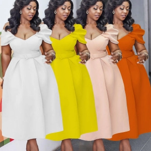 Detail showing white, yellow, peach, and orange color variants of the off-shoulder flared dress